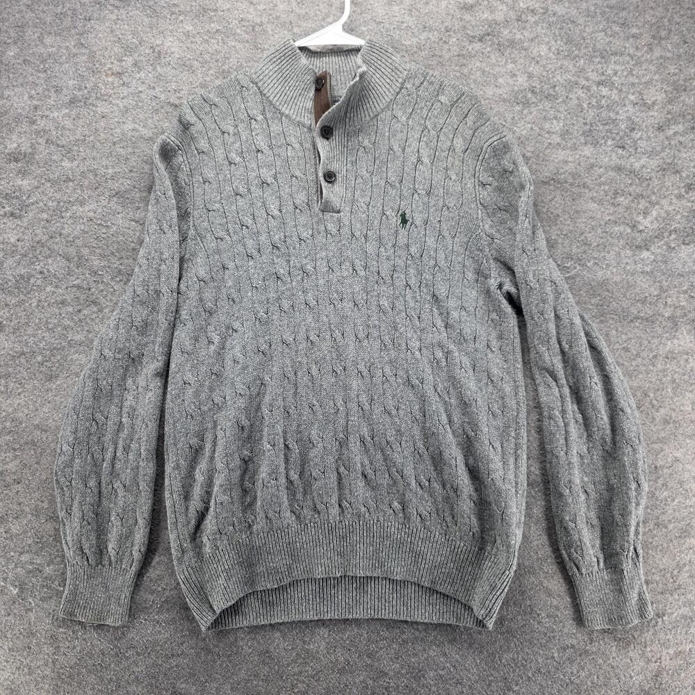 Polo Ralph Lauren Sweater Mens L Gray Mock Neck 3-Button Pullover Cable-Knit